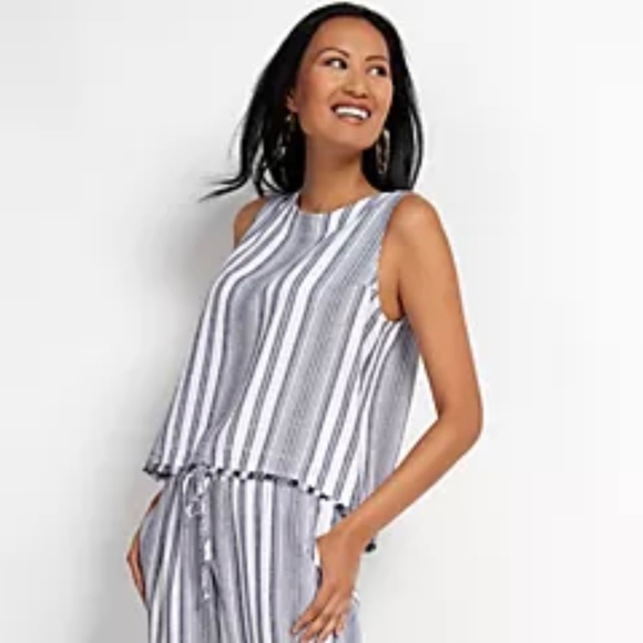 Side Stitch Sleeveless Striped Linen Blend Top w/Back Button Detail Navy White L - Picture 1 of 16